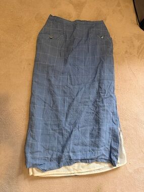 Blue Windowpane Linen-Blend Midi Skirt